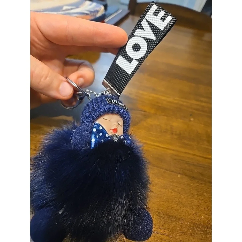 Adorable sleeping Baby Pom Pom  Keychain Purse Charm‎ - Navy Blue